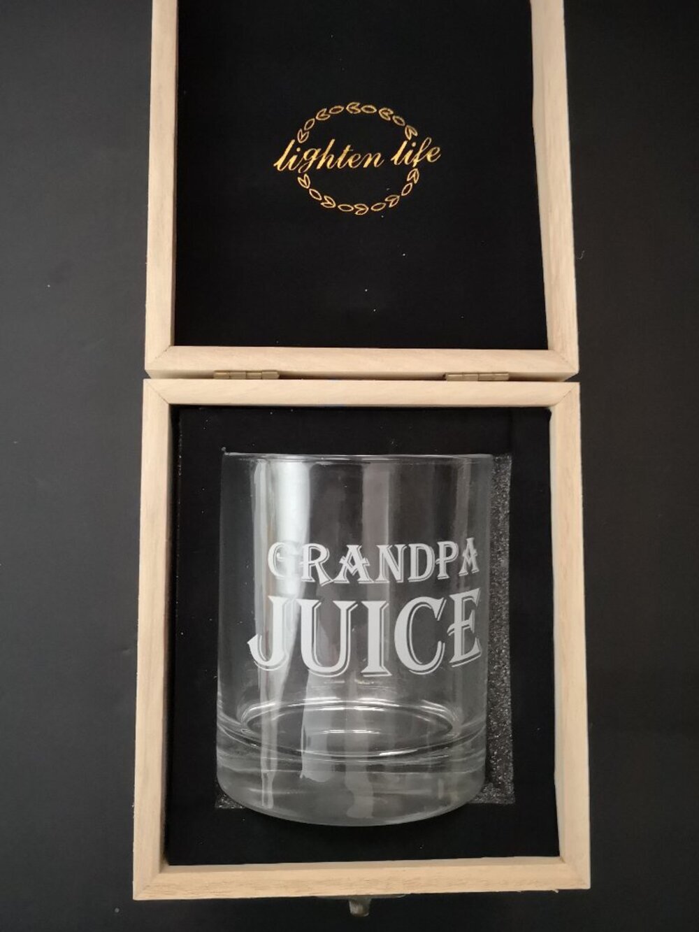 Lighten Life "Grandpa Juice" Whiskey Glass in Original Hinged Wooden Box - New